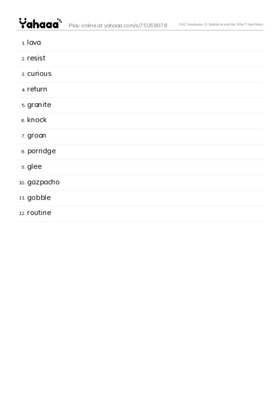 RAZ Vocabulary O: Goldilocks and the Other Three Bears PDF words glossary