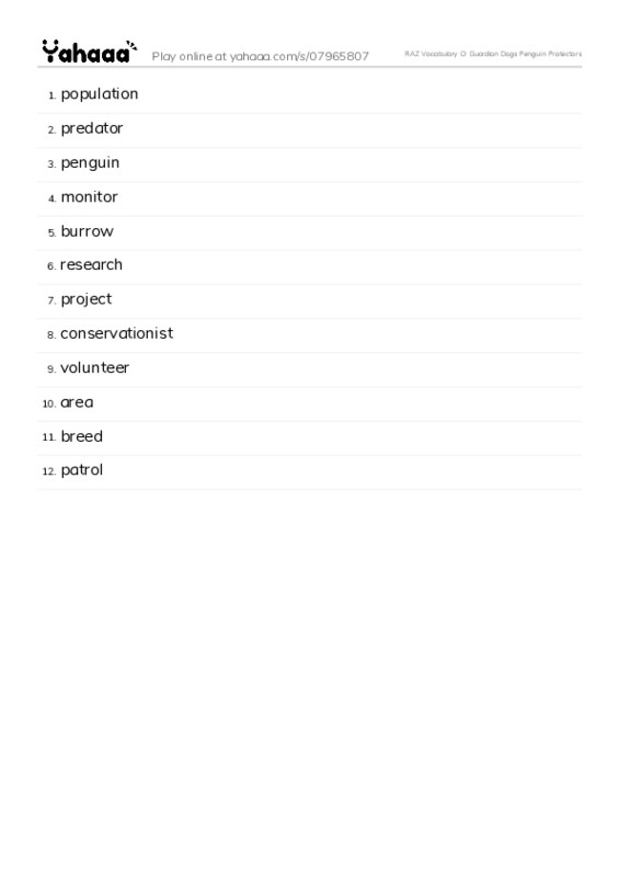 RAZ Vocabulary O: Guardian Dogs Penguin Protectors PDF words glossary