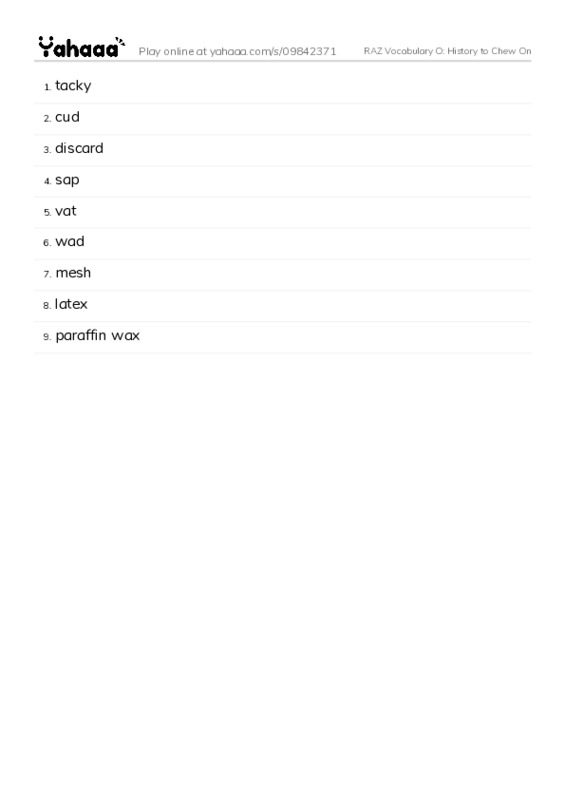 RAZ Vocabulary O: History to Chew On PDF words glossary