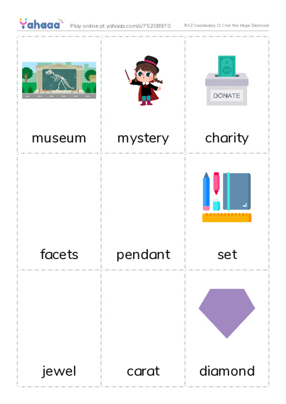RAZ Vocabulary O: I Am the Hope Diamond PDF flaschards with images