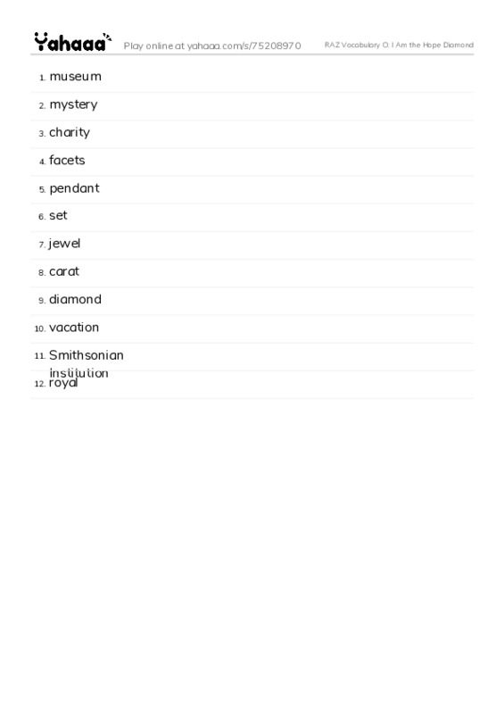 RAZ Vocabulary O: I Am the Hope Diamond PDF words glossary