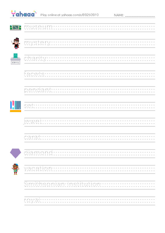 RAZ Vocabulary O: I Am the Hope Diamond PDF write between the lines worksheet