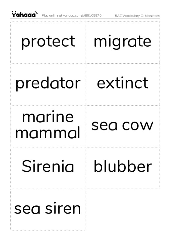 RAZ Vocabulary O: Manatees PDF two columns flashcards