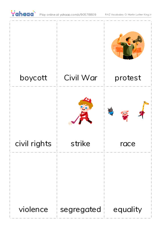 RAZ Vocabulary O: Martin Luther King Jr PDF flaschards with images