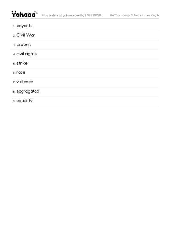 RAZ Vocabulary O: Martin Luther King Jr PDF words glossary