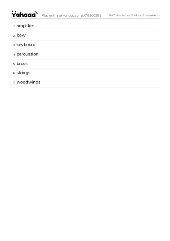 RAZ Vocabulary O: Musical Instruments PDF words glossary