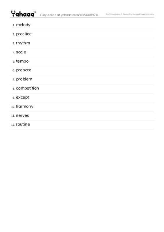 RAZ Vocabulary O: Rockin Rhythm and Sweet Harmony PDF words glossary