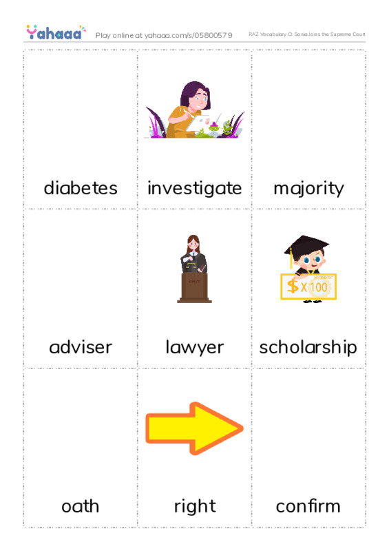RAZ Vocabulary O: Sonia Joins the Supreme Court PDF flaschards with images