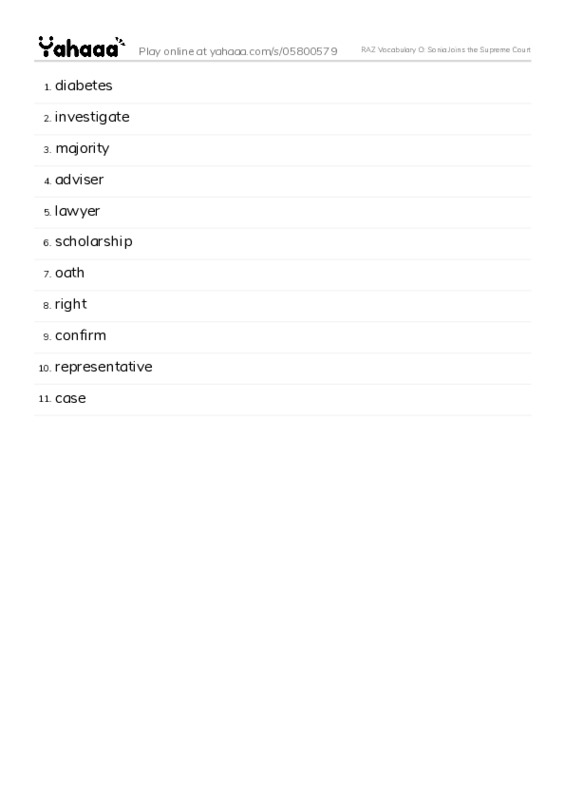 RAZ Vocabulary O: Sonia Joins the Supreme Court PDF words glossary