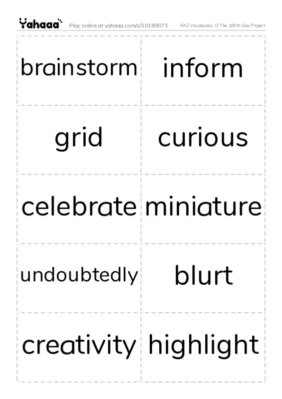 RAZ Vocabulary O: The 100th Day Project PDF two columns flashcards
