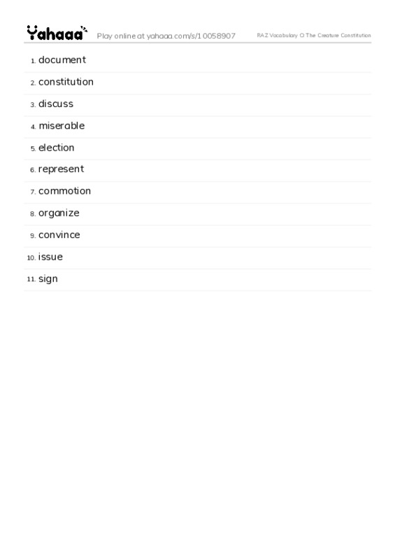 RAZ Vocabulary O: The Creature Constitution PDF words glossary