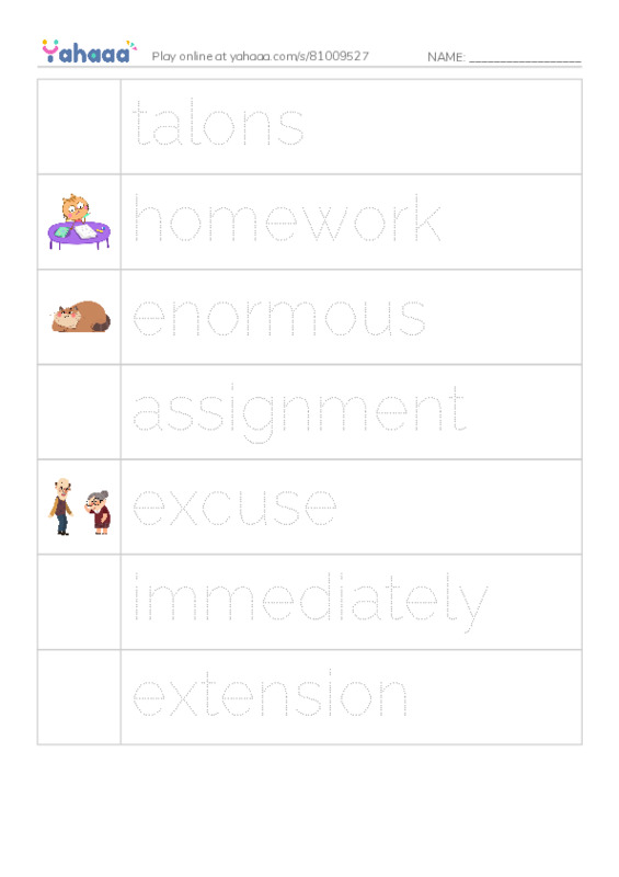 RAZ Vocabulary O: The Homework Lesson PDF one column image words