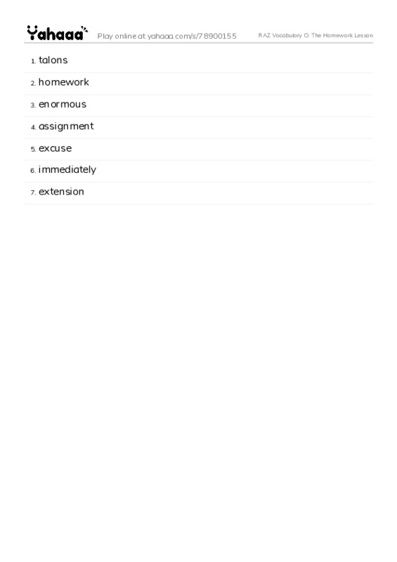RAZ Vocabulary O: The Homework Lesson PDF words glossary