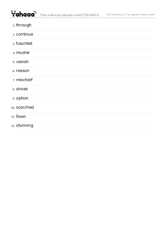 RAZ Vocabulary O: The Legend of Sleepy Hollow PDF words glossary