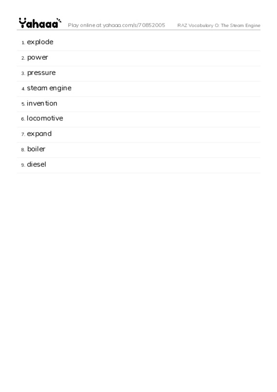 RAZ Vocabulary O: The Steam Engine PDF words glossary