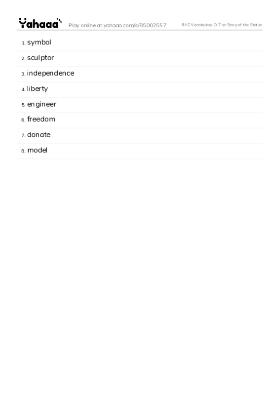 RAZ Vocabulary O: The Story of the Statue PDF words glossary