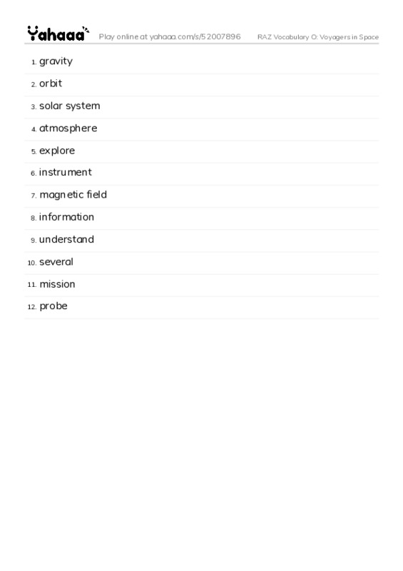 RAZ Vocabulary O: Voyagers in Space PDF words glossary