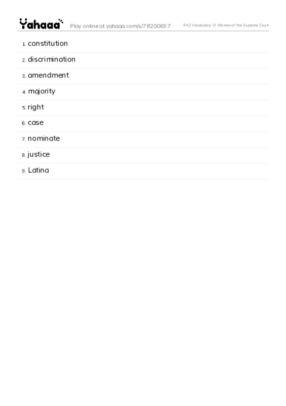 RAZ Vocabulary O: Women of the Supreme Court PDF words glossary