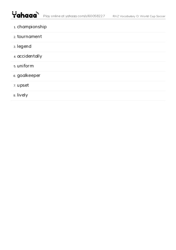 RAZ Vocabulary O: World Cup Soccer PDF words glossary