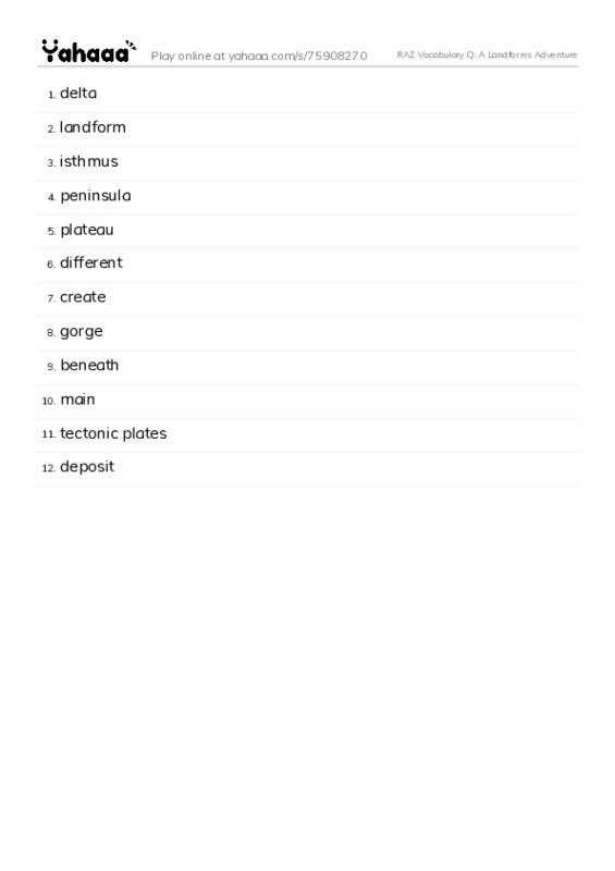 RAZ Vocabulary Q: A Landforms Adventure PDF words glossary