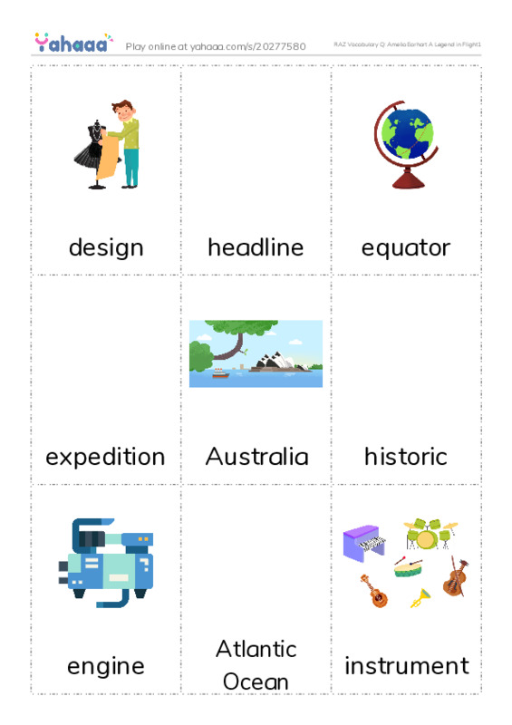 RAZ Vocabulary Q: Amelia Earhart A Legend in Flight1 PDF flaschards with images
