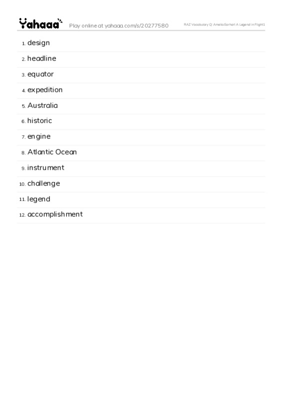 RAZ Vocabulary Q: Amelia Earhart A Legend in Flight1 PDF words glossary