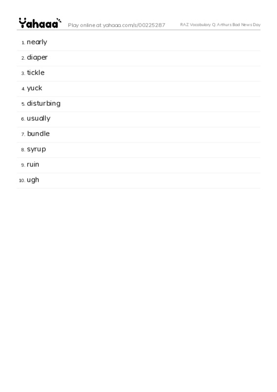 RAZ Vocabulary Q: Arthurs Bad News Day PDF words glossary