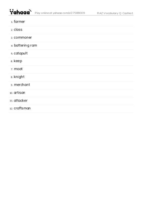 RAZ Vocabulary Q: Castles1 PDF words glossary