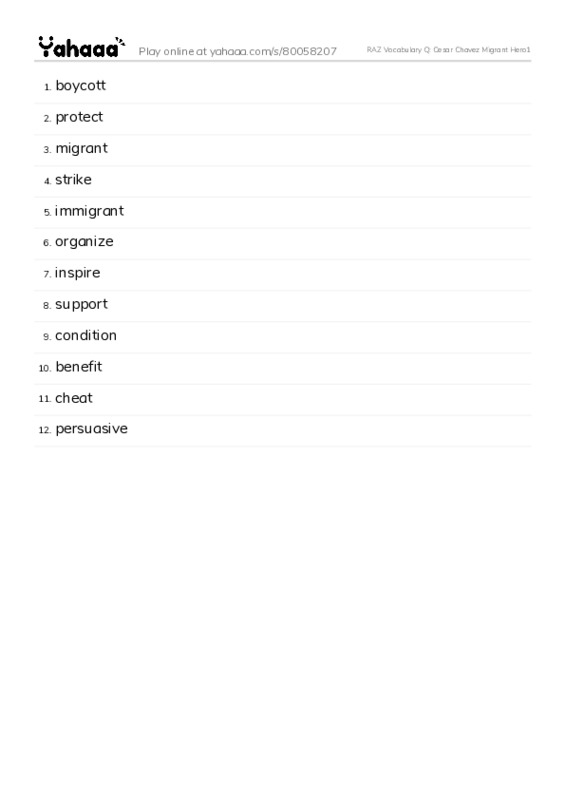 RAZ Vocabulary Q: Cesar Chavez Migrant Hero1 PDF words glossary