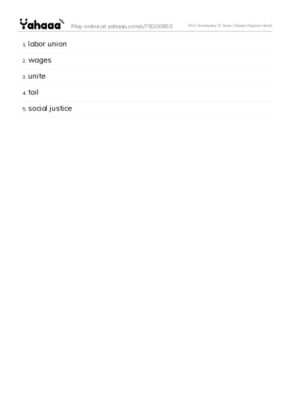 RAZ Vocabulary Q: Cesar Chavez Migrant Hero2 PDF words glossary