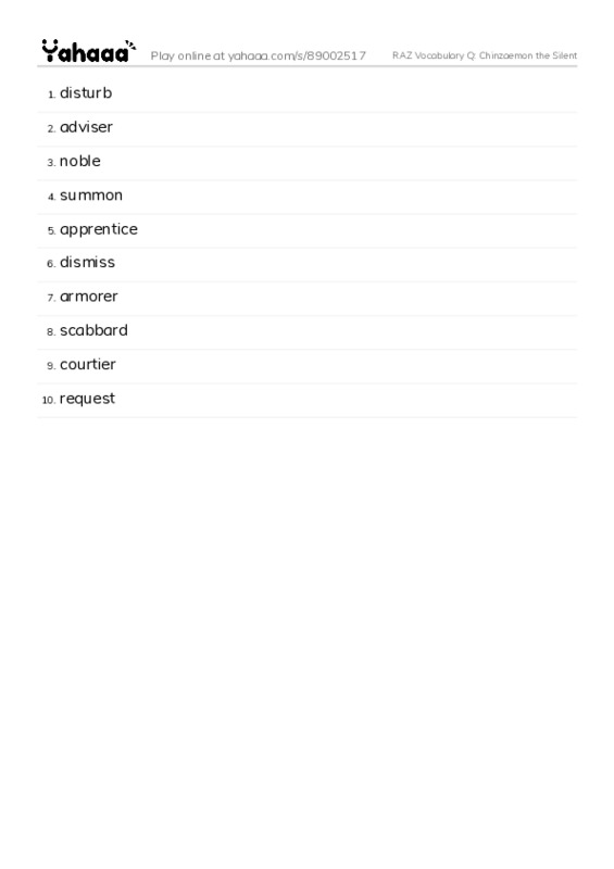 RAZ Vocabulary Q: Chinzaemon the Silent PDF words glossary