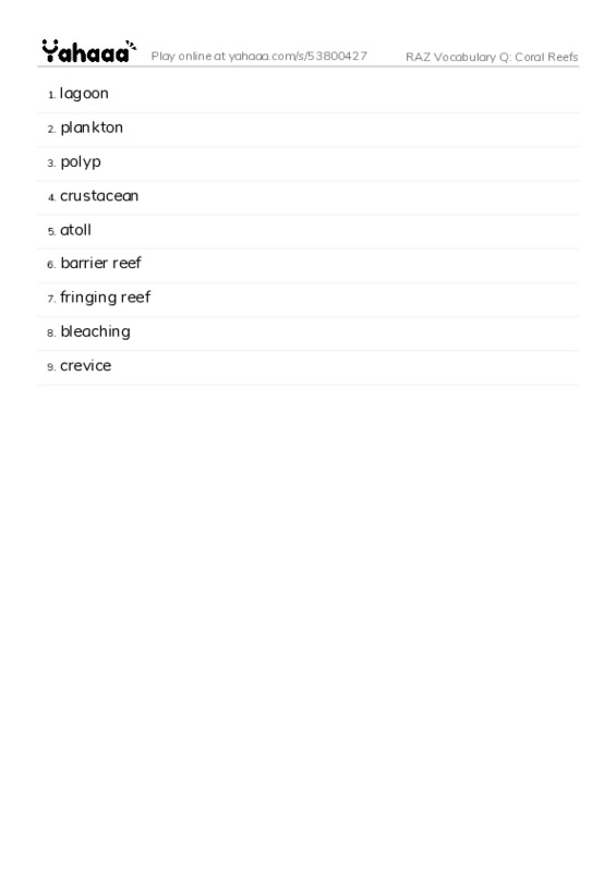 RAZ Vocabulary Q: Coral Reefs PDF words glossary