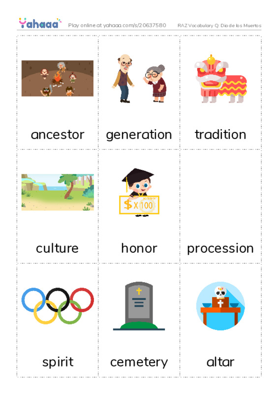 RAZ Vocabulary Q: Dia de los Muertos PDF flaschards with images
