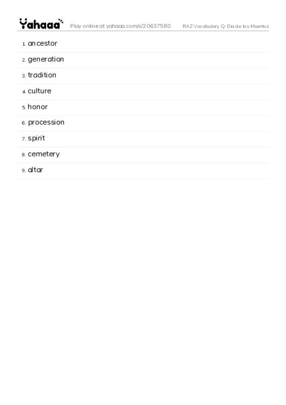 RAZ Vocabulary Q: Dia de los Muertos PDF words glossary