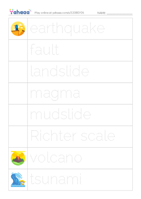 RAZ Vocabulary Q: Earthquakes Volcanoes and Tsunamis PDF one column image words
