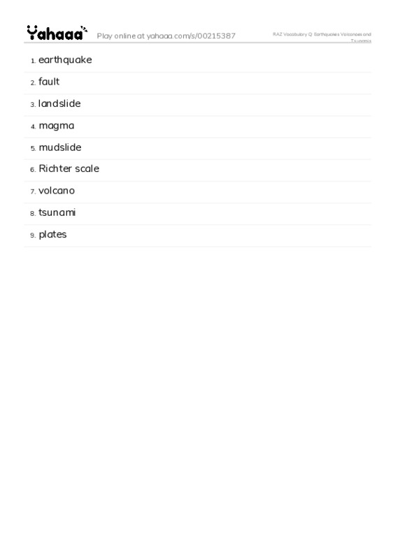 RAZ Vocabulary Q: Earthquakes Volcanoes and Tsunamis PDF words glossary