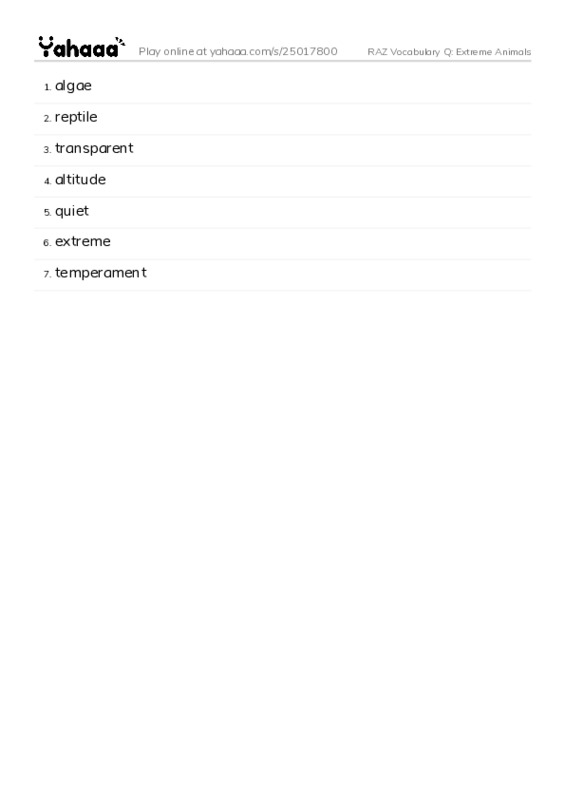 RAZ Vocabulary Q: Extreme Animals PDF words glossary