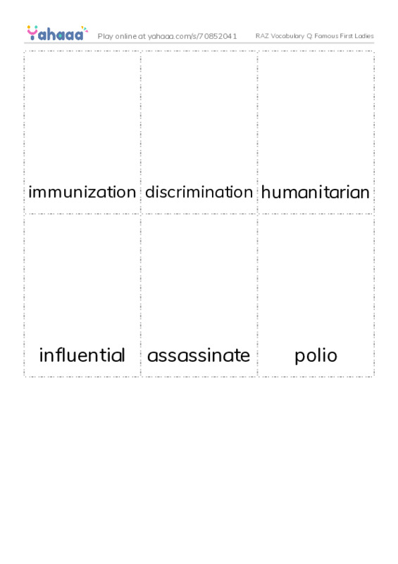 RAZ Vocabulary Q: Famous First Ladies PDF flaschards with images