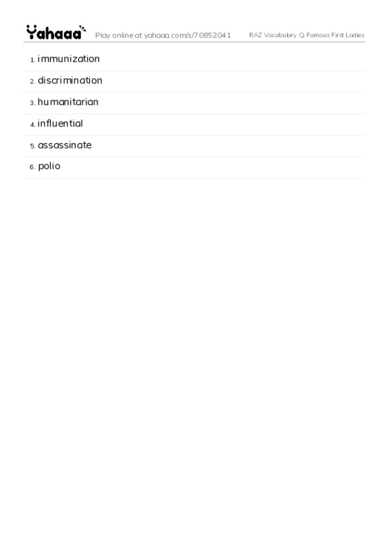 RAZ Vocabulary Q: Famous First Ladies PDF words glossary