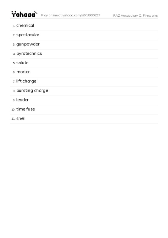 RAZ Vocabulary Q: Fireworks PDF words glossary