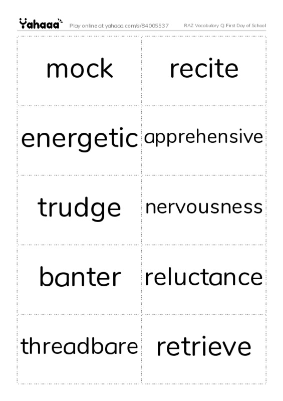 RAZ Vocabulary Q: First Day of School PDF two columns flashcards