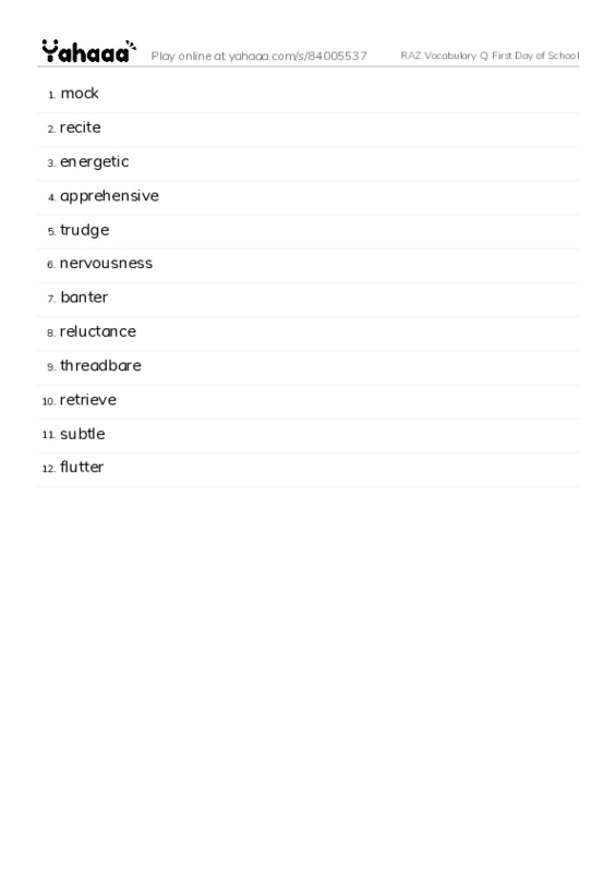 RAZ Vocabulary Q: First Day of School PDF words glossary