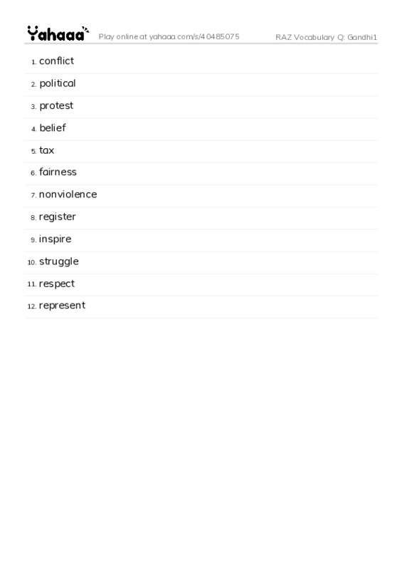 RAZ Vocabulary Q: Gandhi1 PDF words glossary