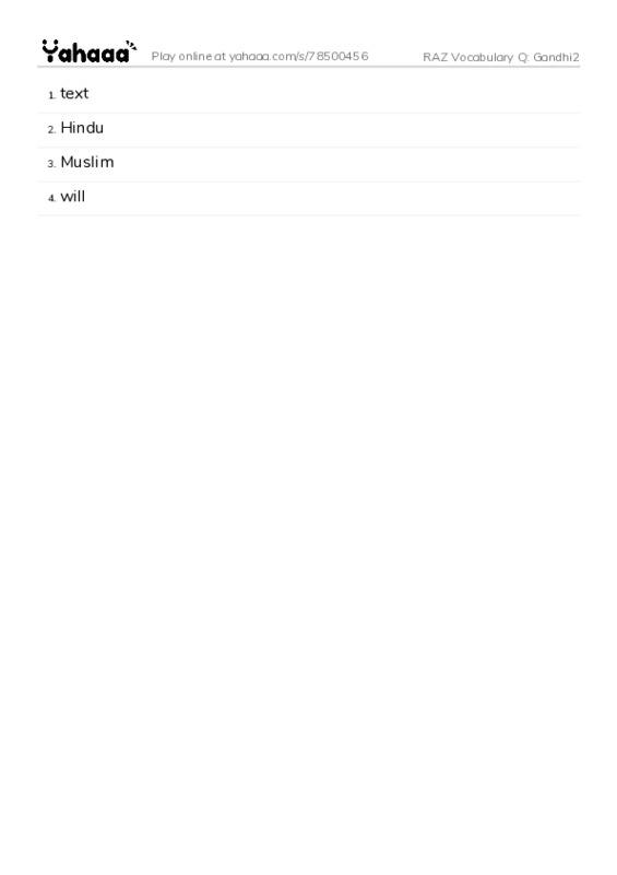 RAZ Vocabulary Q: Gandhi2 PDF words glossary