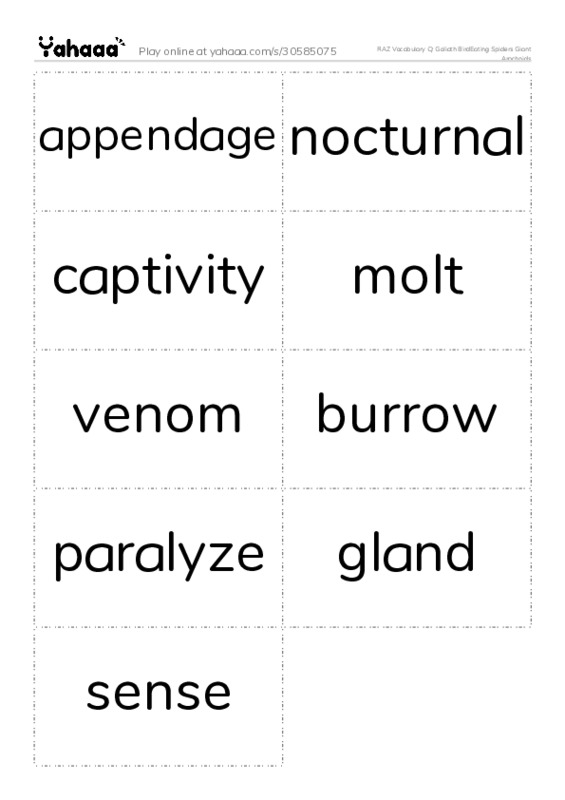 RAZ Vocabulary Q: Goliath BirdEating Spiders Giant Arachnids PDF two columns flashcards