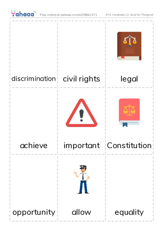 RAZ Vocabulary Q: Good for Thurgood PDF flaschards with images