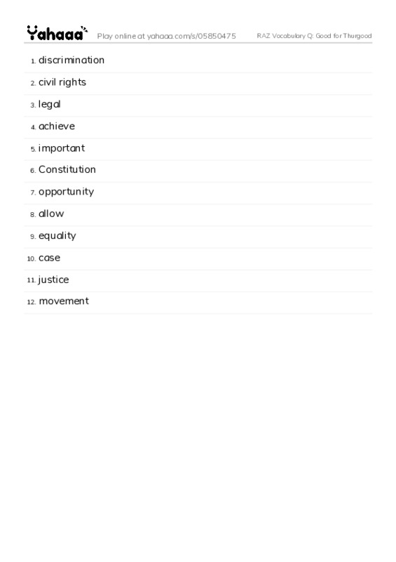 RAZ Vocabulary Q: Good for Thurgood PDF words glossary
