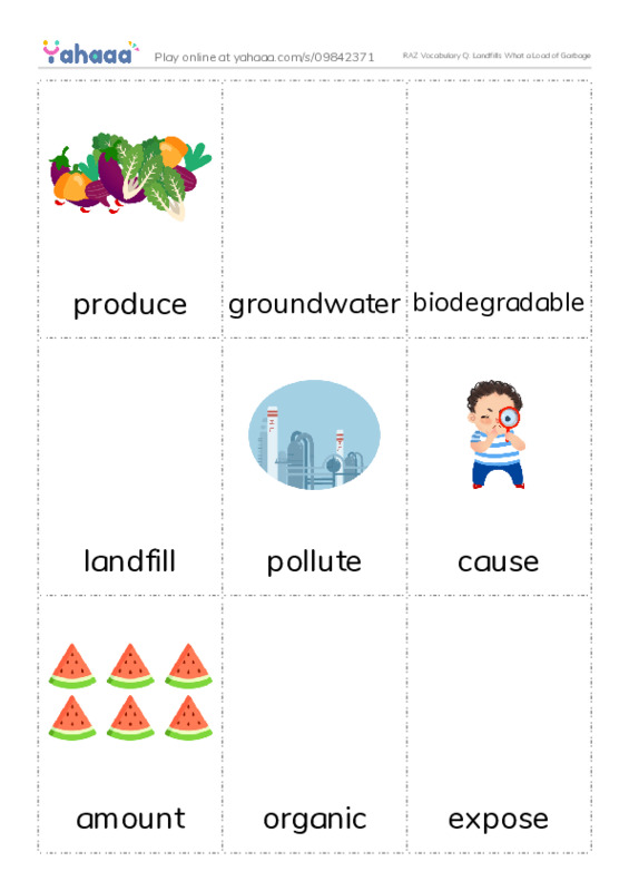 RAZ Vocabulary Q: Landfills What a Load of Garbage PDF flaschards with images