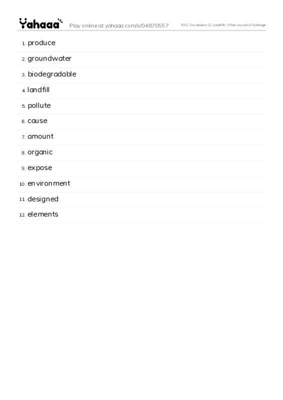 RAZ Vocabulary Q: Landfills What a Load of Garbage PDF words glossary