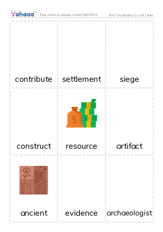 RAZ Vocabulary Q: Lost Cities PDF flaschards with images